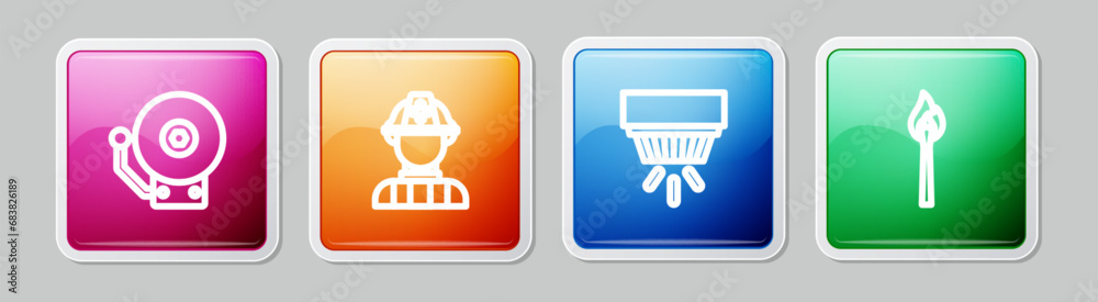 Set line Ringing alarm bell, Firefighter, Smoke system and Burning match with fire. Colorful square button. Vector Set line Ringing alarm bell, Firefighter, Smoke system and Burning match with fire. Colorful square button. Vector