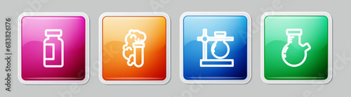 Set line Test tube and flask, Chemical explosion, stand and . Colorful square button. Vector