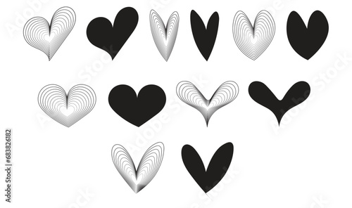 Spiral Love Hearts Set. Hand drawn hearts. Spiral Blend Black Hearts Collection. Heart Icons Vector Illustration Heart lines. Love Symbol Valentines Day