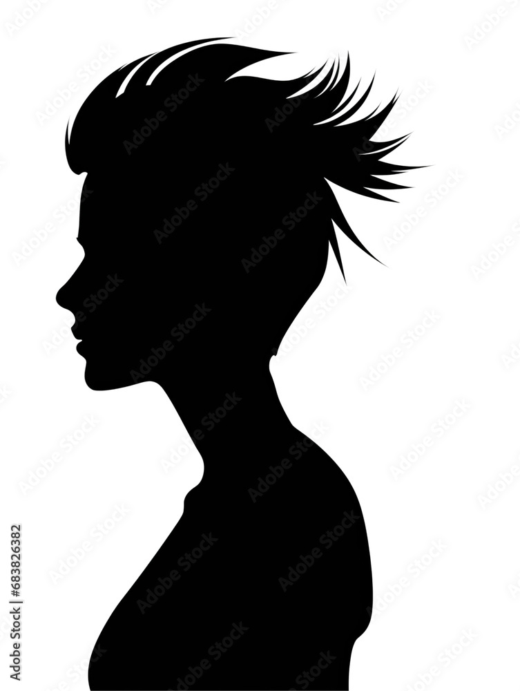 Profile silhouette of a woman with stylish haircut. Black and white illustration ideal for a logo.