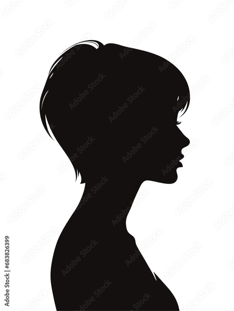 Profile silhouette of a woman with stylish haircut. Black and white illustration ideal for a logo.