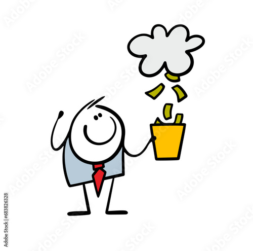 Carefree businessman stands with bucket or basket and catches bills of money falling from the sky. Vector illustration of freebies. Paper dollar flies out of the cloud.