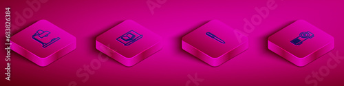 Set Isometric line Table lamp, Online class, Pen and Movie, film, media projector icon. Vector