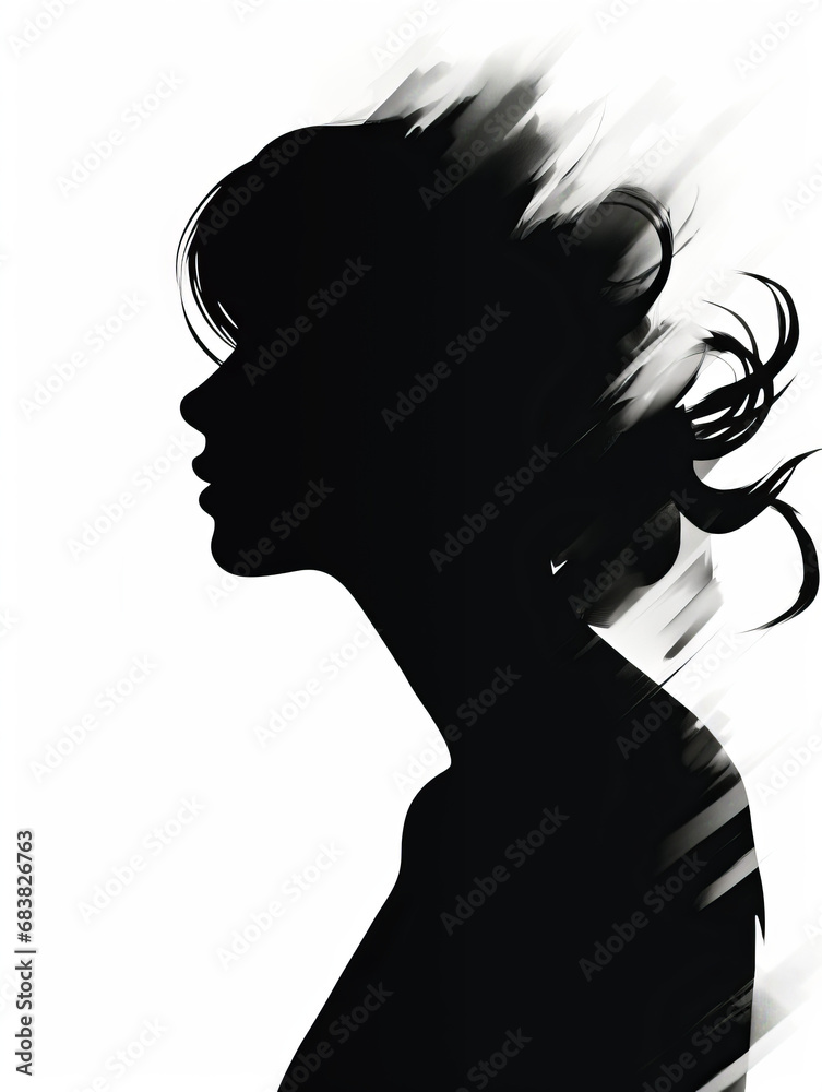 A minimalist silhouette of a woman's profile with striking hair contrasts.