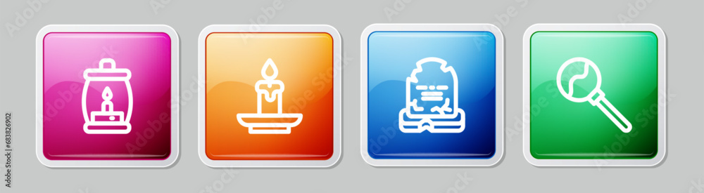 Set line Camping lantern, Burning candle, Tombstone with RIP written and Lollipop. Colorful square button. Vector Set line Camping lantern, Burning candle, Tombstone with RIP written and Lollipop. Colorful square button. Vector