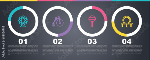 Set line Ferris wheel, Vintage bicycle, Lollipop and Roller coaster. Business infographic template. Vector photo