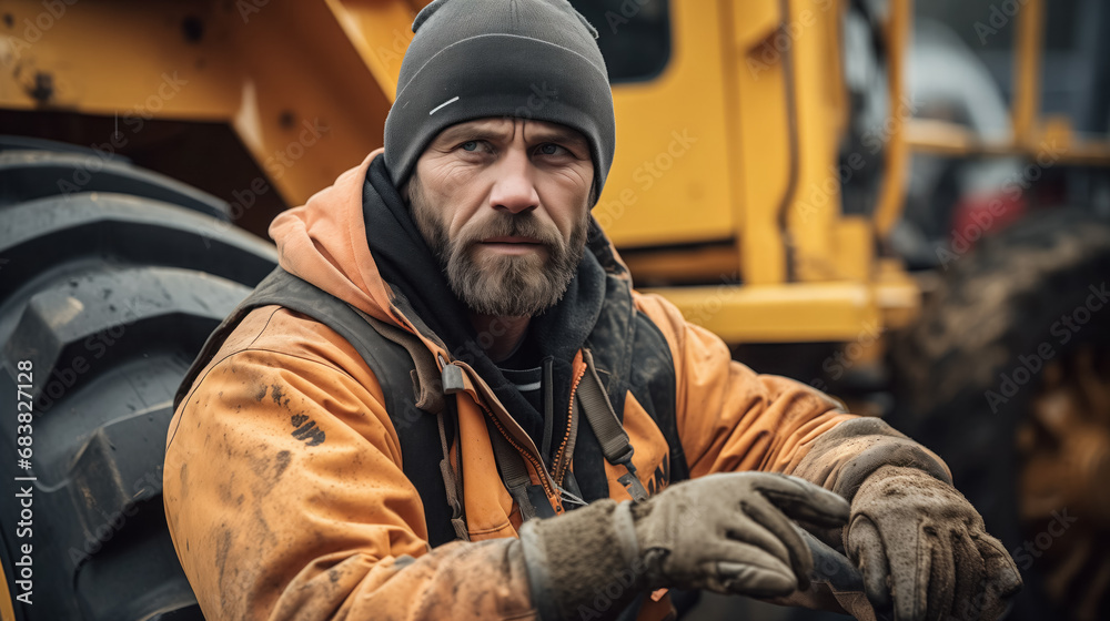 Stoic operator with construction vehicle. Stoic operator with construction vehicle.