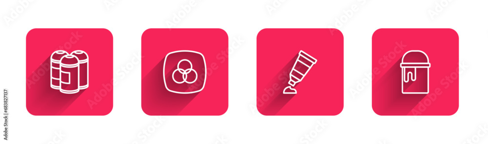 Set line Paint spray can, RGB and CMYK color mixing, Tube with paint palette and bucket with long shadow. Red square button. Vector Set line Paint spray can, RGB and CMYK color mixing, Tube with paint palette and bucket with long shadow. Red square button. Vector