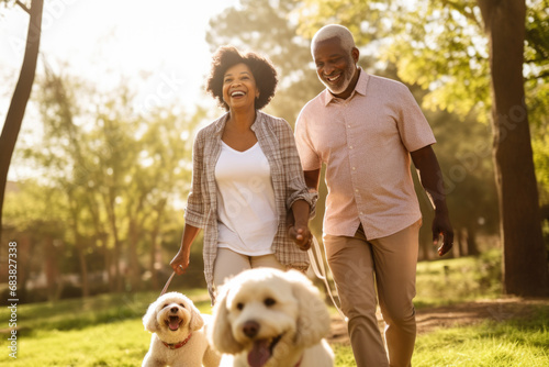 Happy active senior couple walking in park with their dogs. photo