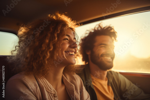 Happy young couple in car as passengers during road trip.