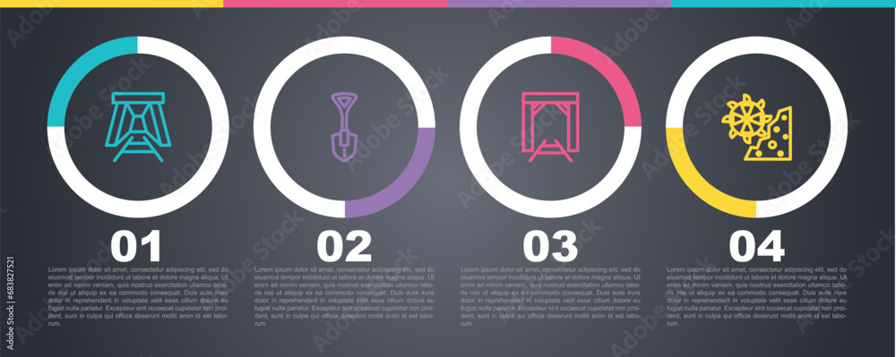 Set line Mine entrance, Shovel, and Bucket wheel excavator. Business infographic template. Vector Set line Mine entrance, Shovel, and Bucket wheel excavator. Business infographic template. Vector