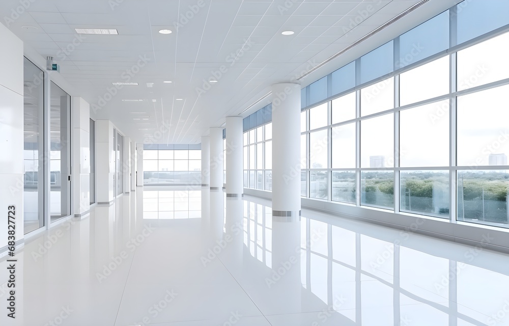 The empty hall of an office or medical institution with panoramic windows and a perspective