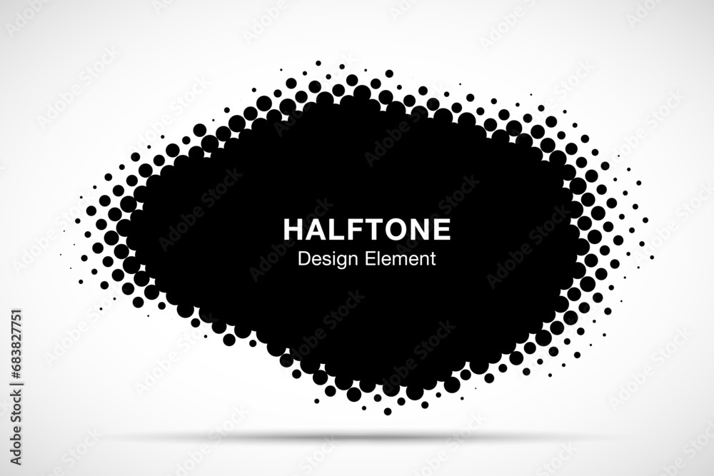 Dots pattern frame. Halftone dots curved pattern background. Dotted spot using half tone circle dot texture. Vector illustration.