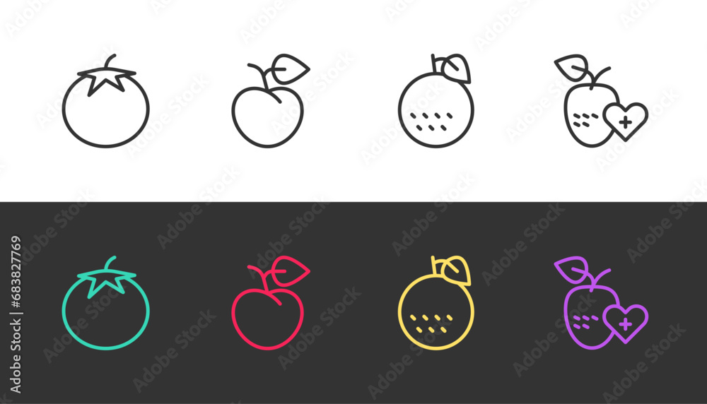 Set line Tomato, Peach fruit or nectarine, Orange and Healthy on black and white. Vector Set line Tomato, Peach fruit or nectarine, Orange and Healthy on black and white. Vector