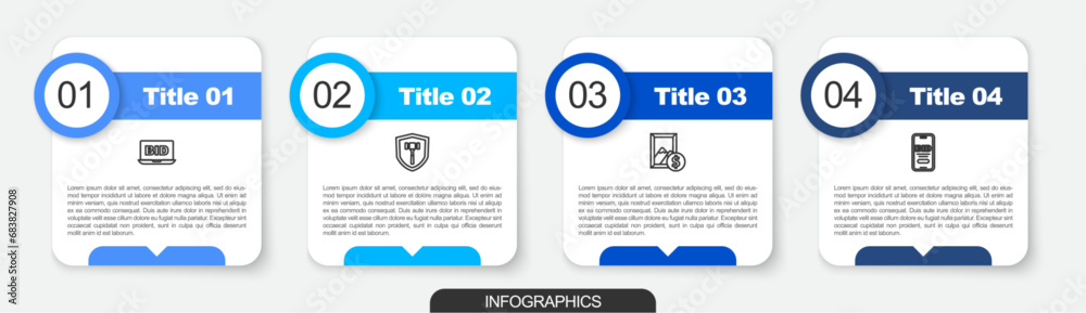 Set line Online auction, Auction hammer, painting and . Business infographic template. Vector