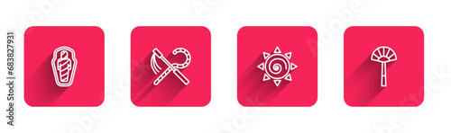 Set line Egypt mummy in sarcophagus, Crook and flail, Sun and Egyptian fan with long shadow. Red square button. Vector