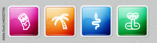 Set line Nefertiti, Tropical palm tree, Snake and . Colorful square button. Vector
