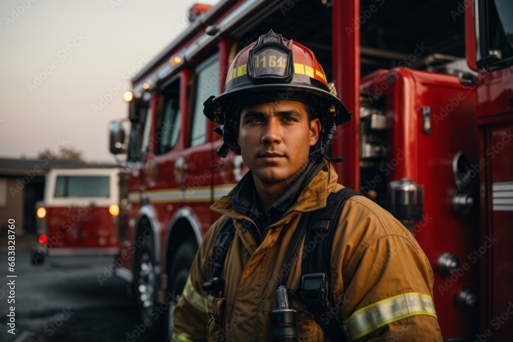 Portrait of a male firefighter wearing a uniform and helmet near a red fire truck. Portrait of a male firefighter wearing a uniform and helmet near a red fire truck.