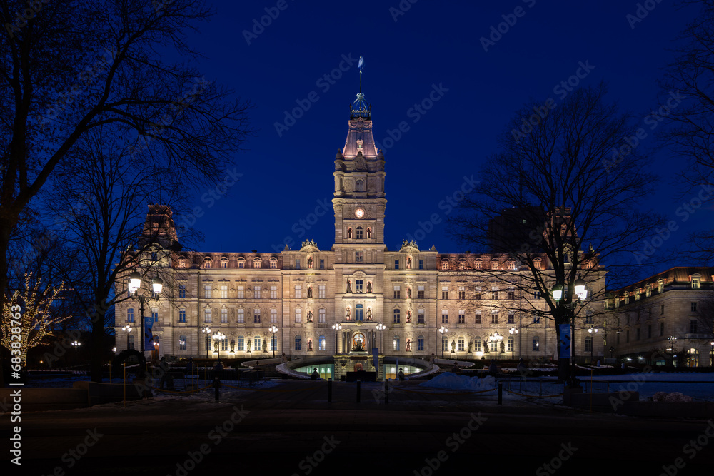 The lighted 1886 Second Empire style Parliament Building seen during an early blue hour winter morning, Quebec City, Quebec, Canada