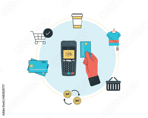 Payment terminal and hand holding a credit card. for digital wireless payment in e commerce concept Vector illustration