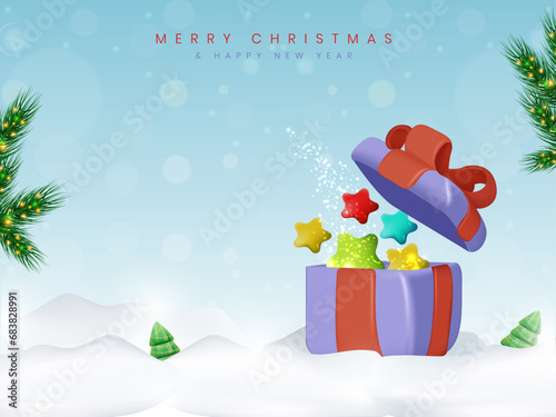 3d vector illustration of gift box in winter snowy background with snowflakes and christmas tree. Merry Christmas.