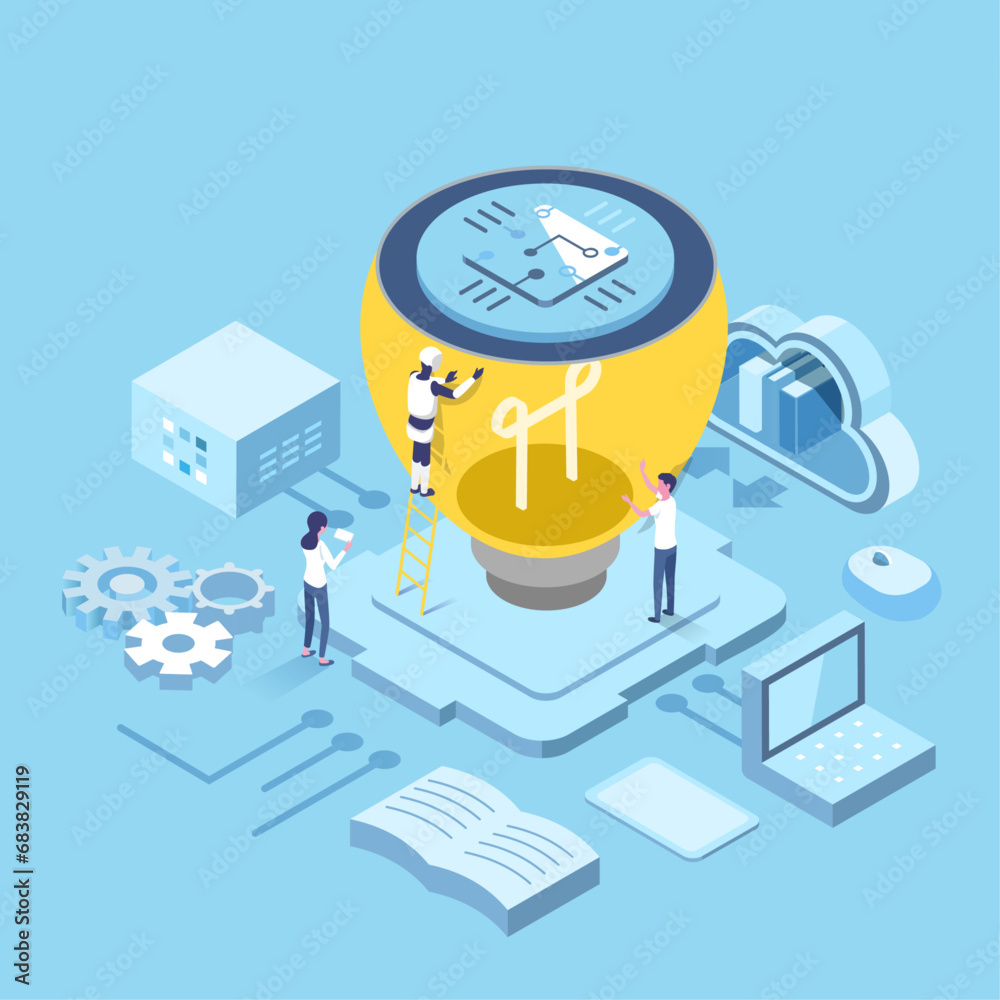 vector isometric illustraion of business lightbulb idea concept with people and Artificial intelligence vector isometric illustraion of business lightbulb idea concept with people and Artificial intelligence