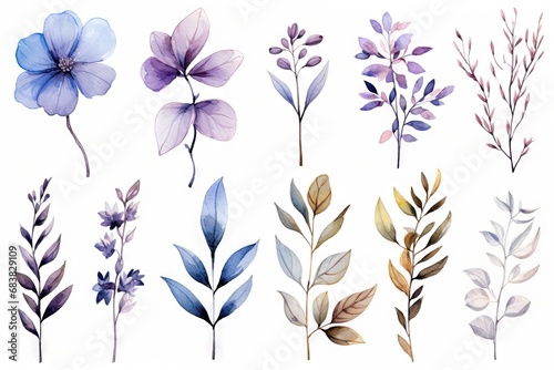 Abstract watercolor flowers, leaves, branches. Boho and multiple color palette with a white background. Vector, floral clipart.