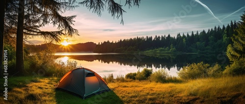 Camping tent on the shore of a lake at sunset.