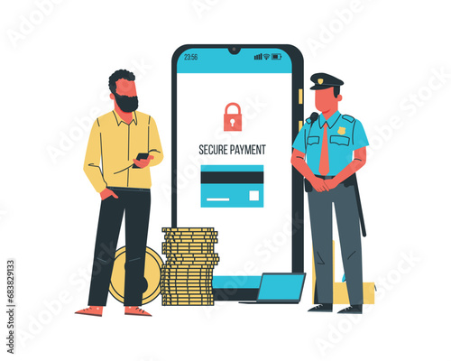 Man with smartphone and security app on screen. Vector illustration in flat style for Security system in contactless payment concept