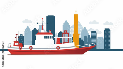 tug boat with a cityscape skyline, on white isolated background, vector style photo