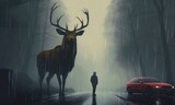 Digital illustration painting design style a man facing with a huge deer is on the road, against raining, Generative AI
