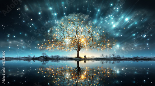 "Galactic Bloom" Short Description: A tree glimmers with light against a canvas of stars, reflecting on water.