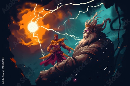 Digital illustration painting design style god of monkey fighting with god of war, against thunder and lightning, Generative AI