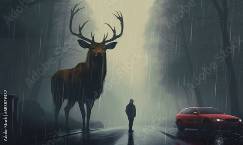 Digital illustration painting design style a man facing with a huge deer is on the road, against raining, Generative AI photo