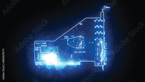 Realistic energy flow data visualization concept of a computer display card circuit board power movement