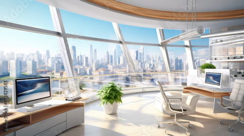 Modern office interior with panoramic windows and city views. 3d render style of interior design of business room interior for work or negotiations.