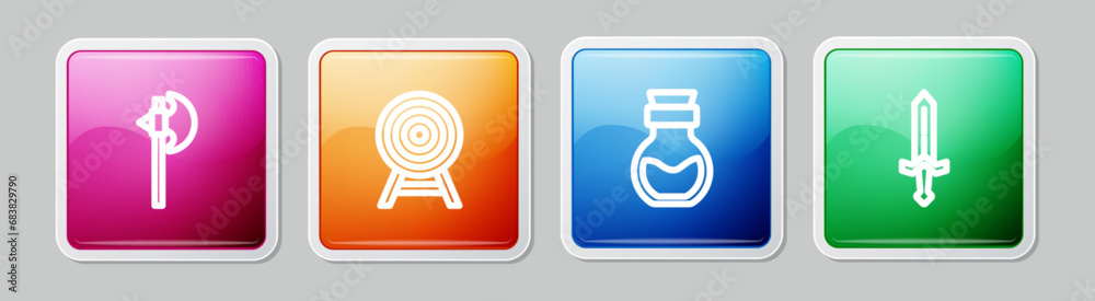Set line Medieval axe, Target with arrow, Poison in bottle and sword. Colorful square button. Vector Set line Medieval axe, Target with arrow, Poison in bottle and sword. Colorful square button. Vector