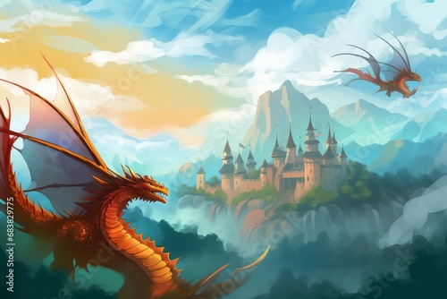 Digital illustration painting design style a few dragons flying above magic town, against clouds, Generative AI © Ananya