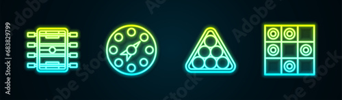 Set line Hockey table, Twister game, Billiard balls in triangle and Board of checkers. Glowing neon icon. Vector