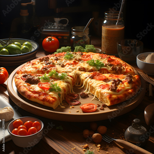 Pizza on the wood plate on table 