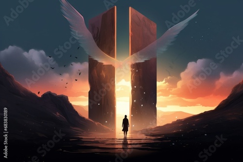 Digital illustration painting design style a a man standing on a big rock and looking at to couple phoenix birds flying out from star portal, Generative AI photo