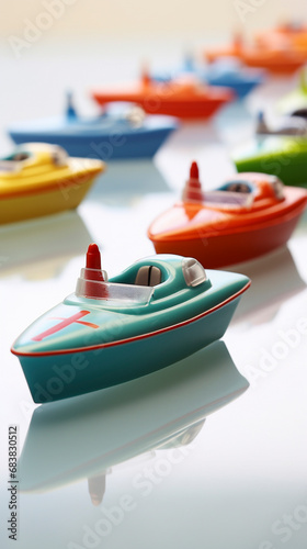 close up of miniature boats on a white background