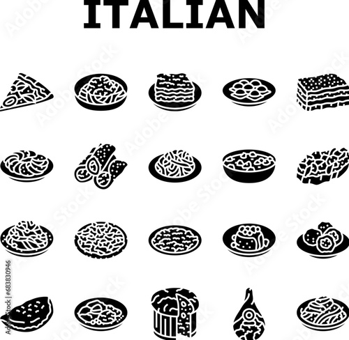 italian cuisine food pasta icons set vector. dinner meal, spaghetti lunch, dish restaurant, cheese healthy, plate, basil, fresh italian cuisine food pasta glyph pictogram Illustrations