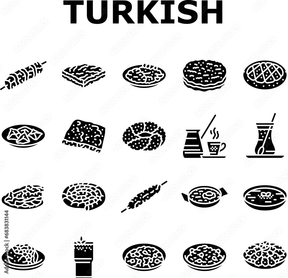 turkish cuisine food meal icons set vector. dinner traditional, dish arab, delicious table, gourmet arabian, meze, plate turkish cuisine food meal glyph pictogram Illustrations - obrazy, fototapety, plakaty 