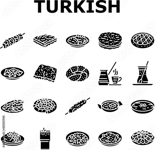 turkish cuisine food meal icons set vector. dinner traditional, dish arab, delicious table, gourmet arabian, meze, plate turkish cuisine food meal glyph pictogram Illustrations