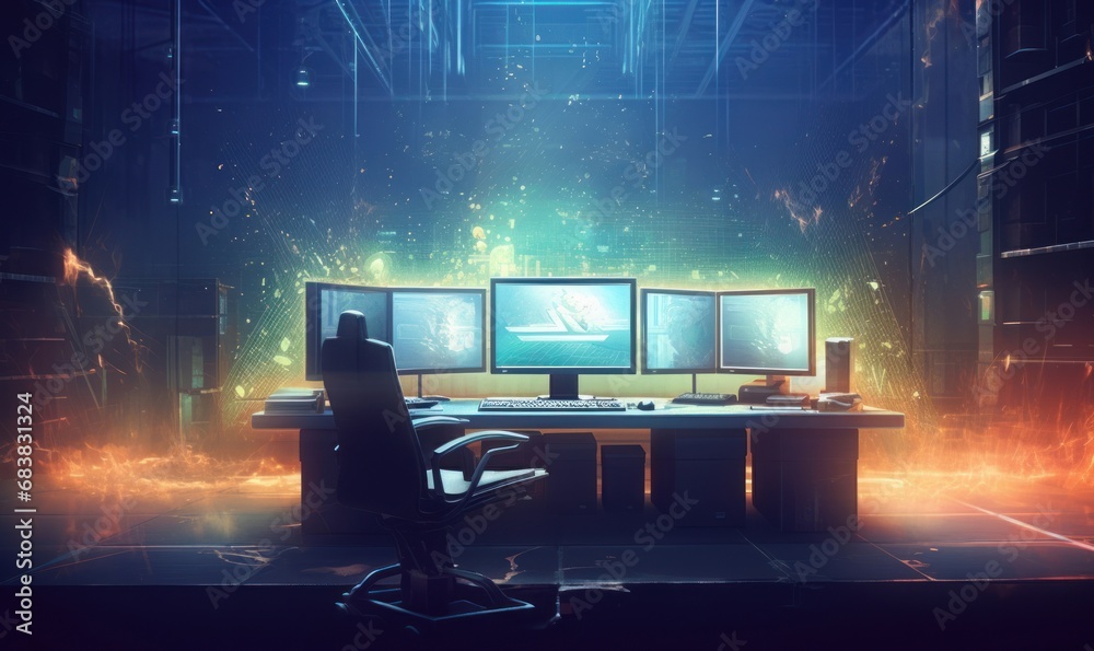 futuristic workspace with sparkling particles floating out of glowing screen, illustration painting, Generative AI