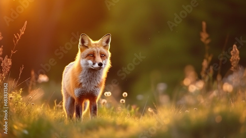 Fox sunset, orange evening light. Orange fur coat animal in the nature habitat. Fox. generative ai
