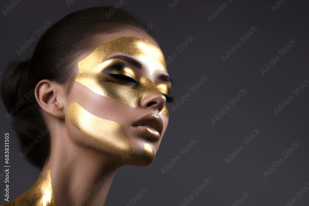 Fashion editorial Concept. Closeup portrait of stunning pretty woman with chiseled features, gold shiny glitter makeup. illuminated with dynamic composition and dramatic lighting. copy text space Fashion editorial Concept. Closeup portrait of stunning pretty woman with chiseled features, gold shiny glitter makeup. illuminated with dynamic composition and dramatic lighting. copy text space