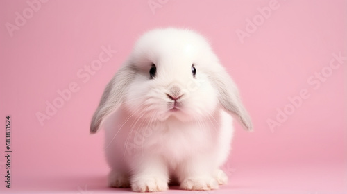 Front view white cute baby holland lop rabbit standing pink background. Lovely rabbit. generative ai photo