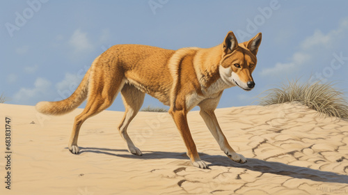 Dingo at Fraser Island walking on the beach. generative ai